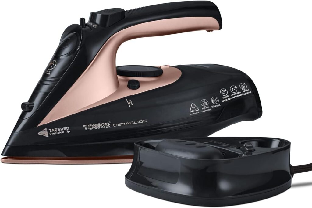 Tower T22008RG CeraGlide Cordless Steam Iron with Ceramic Soleplate and Variable Steam Function, Black and Rose Gold