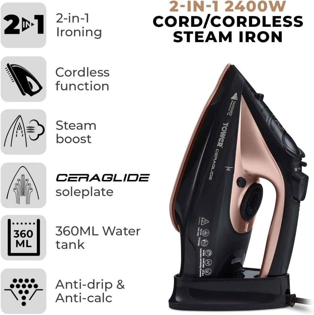 Tower T22008RG CeraGlide Cordless Steam Iron with Ceramic Soleplate and Variable Steam Function, Black and Rose Gold