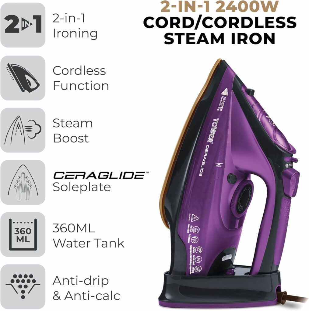 Tower T22008RG CeraGlide Cordless Steam Iron with Ceramic Soleplate and Variable Steam Function, Black and Rose Gold