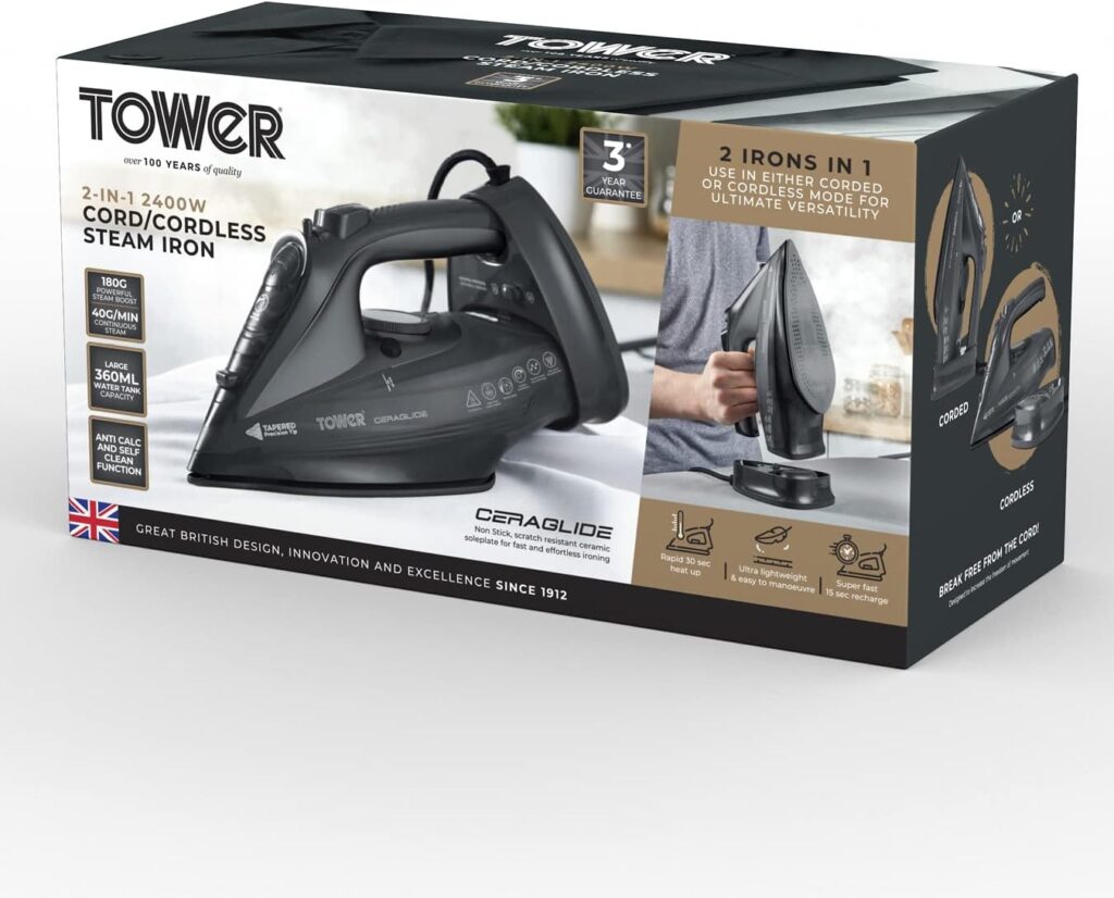 Tower T22008RG CeraGlide Cordless Steam Iron with Ceramic Soleplate and Variable Steam Function, Black and Rose Gold