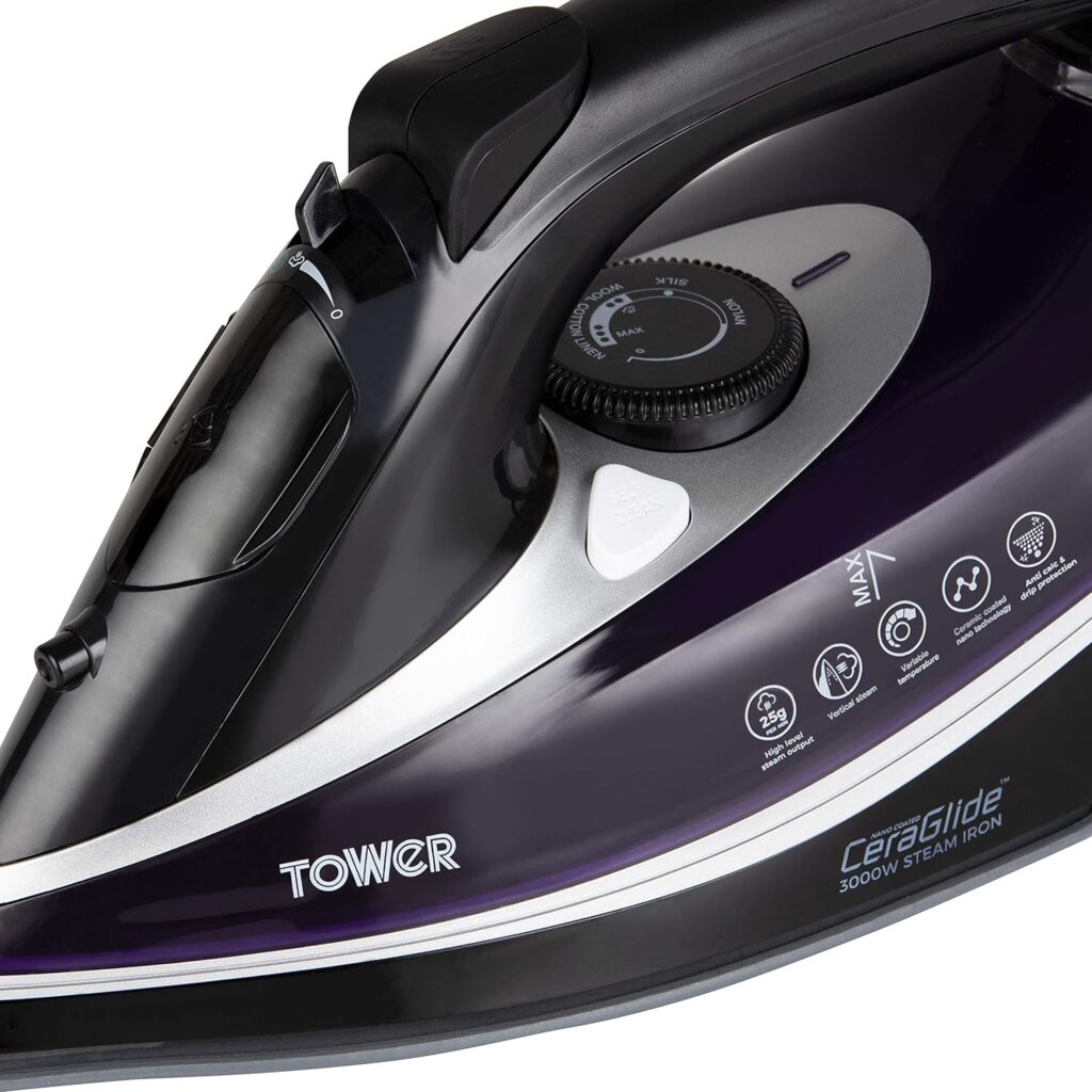 Tower T22021GLD Ceraglide Steam Iron with Fast Heat-Up, Extra Long 3 Metre Power Cord, 3100W, Black and Gold