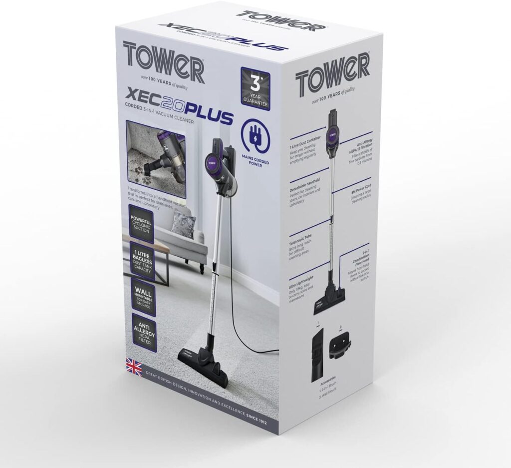 Tower T513005BLG Pro Corded 3-in-1 Vacuum Cleaner with Cyclonic Suction, Built-in HEPA 13 Filter and Detachable Handheld Mode, Blue and Grey