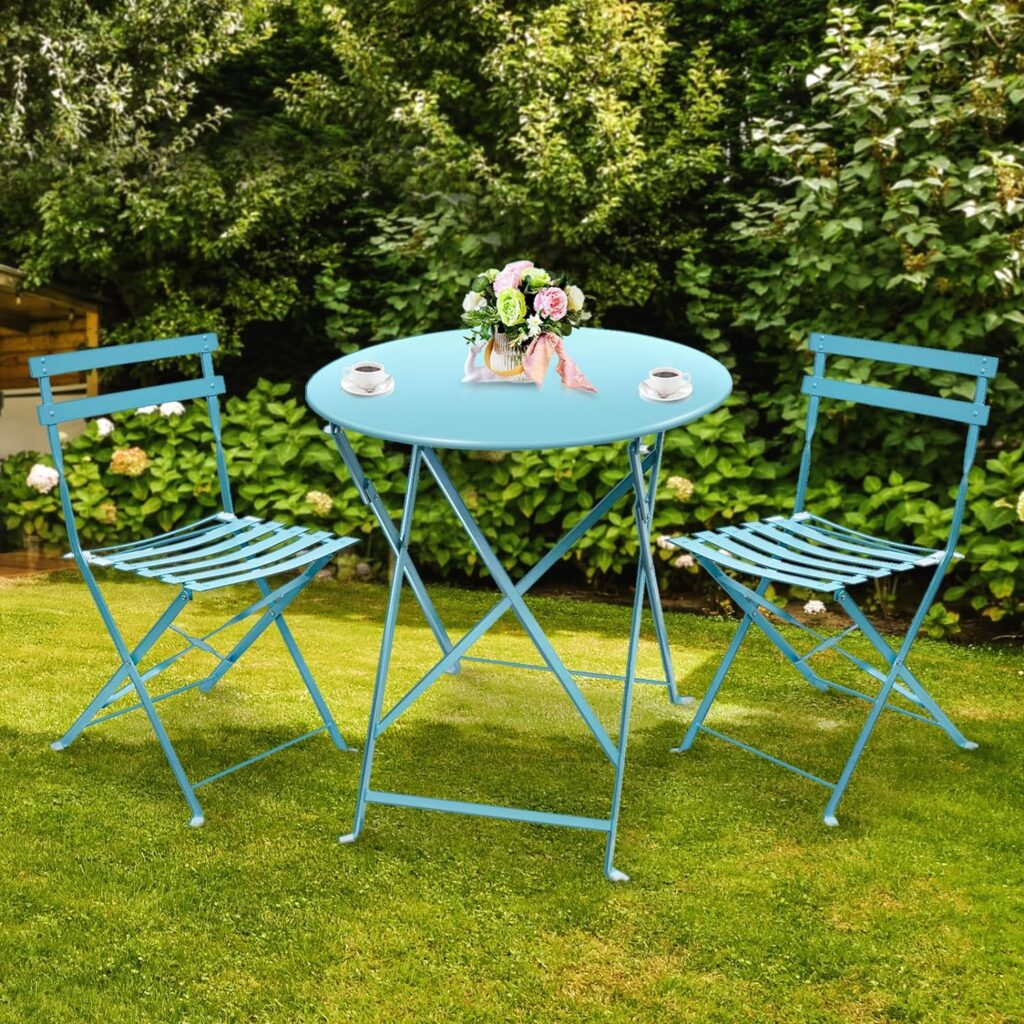 Amagabeli Bistro Set 3 Pieces Garden Furniture Set 1 Folding Table and 2 Foldable Chairs Set of 2 Premium Steel Outdoor Patio Side Table for Balcony Yard Garden Easy to Move Rustproof Blue