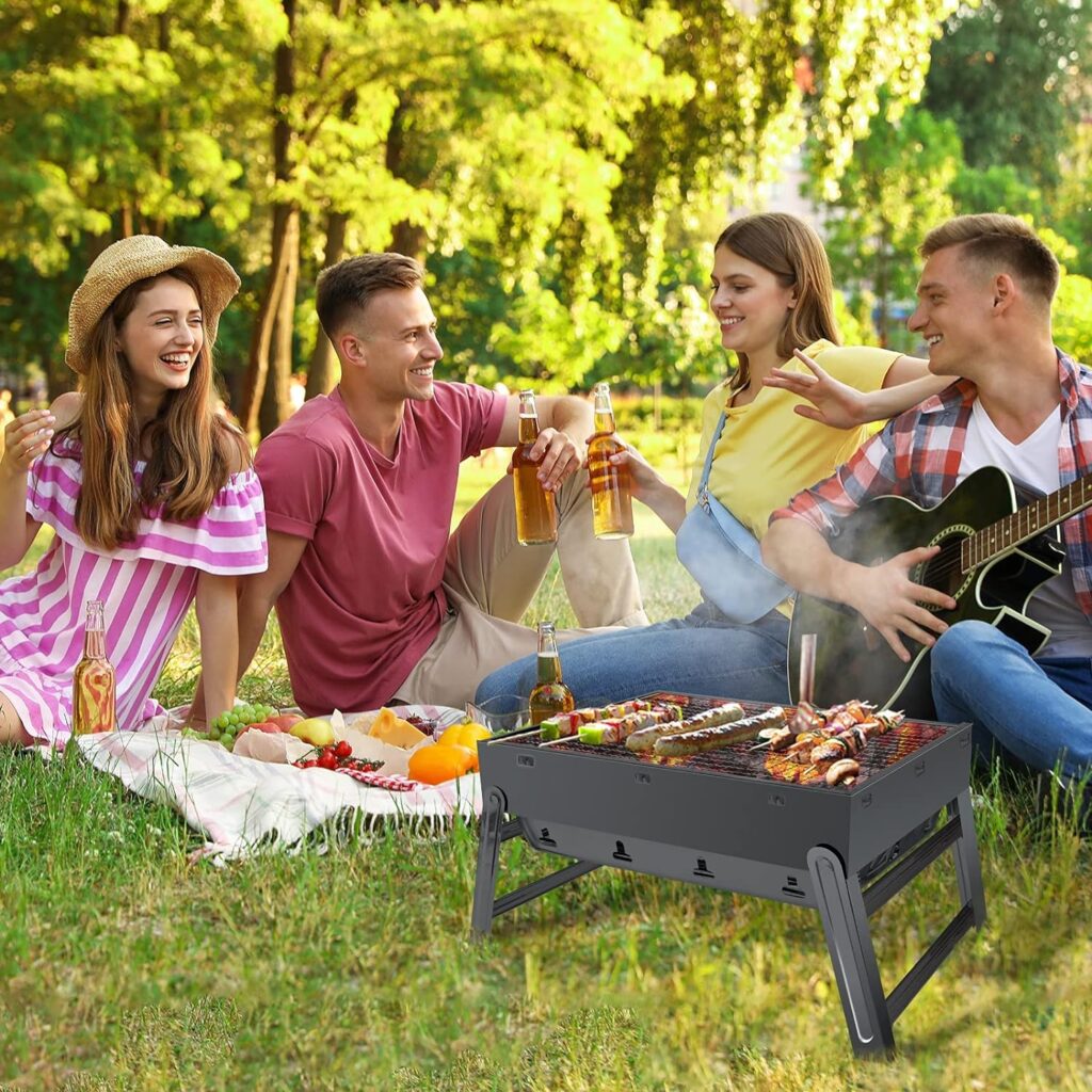 BBQ Barbecue Grill, Portable Folding Charcoal Barbecue Desk Tabletop Outdoor Stainless Steel Smoker BBQ for Picnic Garden Terrace Camping Travel 15.35x11.41x2.95 (Black)