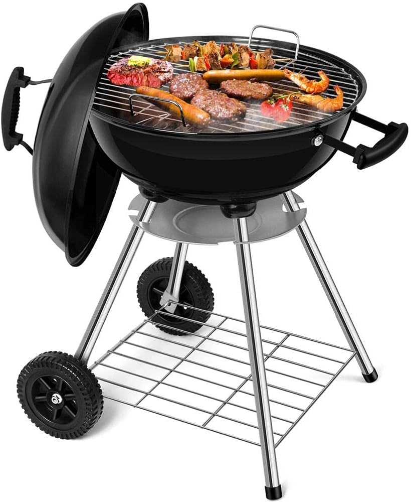 BEAU JARDIN Portable Charcoal Grill for Outdoor Grilling with Lid 2 Legs Rolls 45cm Ash Tray Grill BBQ Kettle Outdoor Picnic Patio Backyard Camping Tailgating