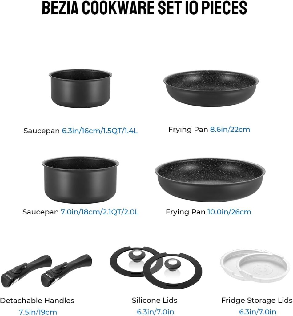 BEZIA Induction Hob Pans Set, Nonstick Pots and Pans Set 10 Pieces, Saucepan Sets with Detachable Handles, Stackable Cookware Set for All Hobs