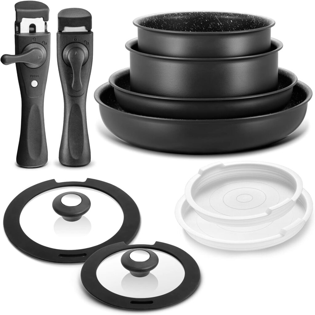 BEZIA Induction Hob Pans Set, Nonstick Pots and Pans Set 10 Pieces, Saucepan Sets with Detachable Handles, Stackable Cookware Set for All Hobs