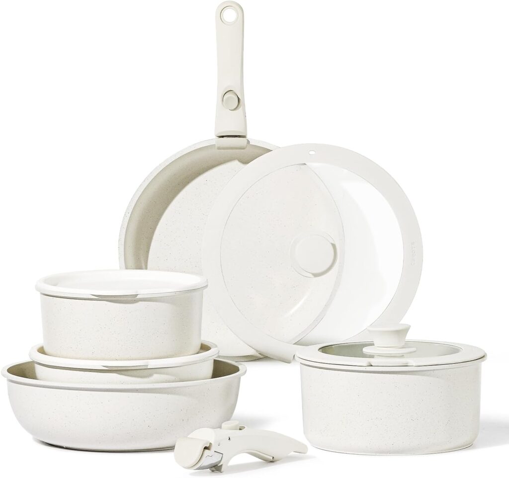 CAROTE Pots and Pans Set, Nonstick Cookware Sets Detachable Handle,Induction Kitchen Set Non Stick with Removable Handle, RV Set, Oven Safe, Cream White