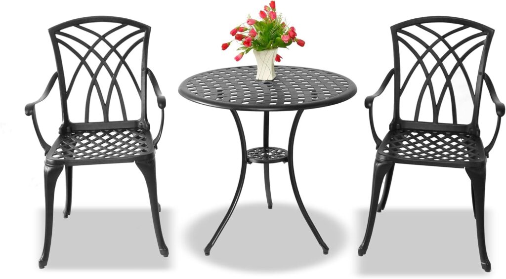 Centurion Supports OSHOWA Luxurious Garden Patio Table 2 Large Chairs with Armrests Cast Aluminium Bistro Set - Black