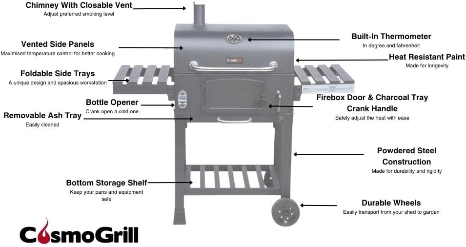 CosmoGrill Outdoor XL Smoker Barbecue Charcoal Portable BBQ with Lid Cover, Adjustable Grill and Built-in Temperature Gauge, for Home Garden Party Cooking