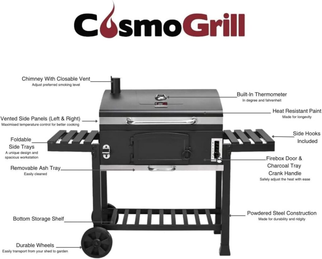 CosmoGrill Outdoor XXL Smoker Barbecue Charcoal Portable BBQ with Waterproof Cover, Adjustable Grill and Built-in Temperature Gauge, for Home Garden Party Cooking