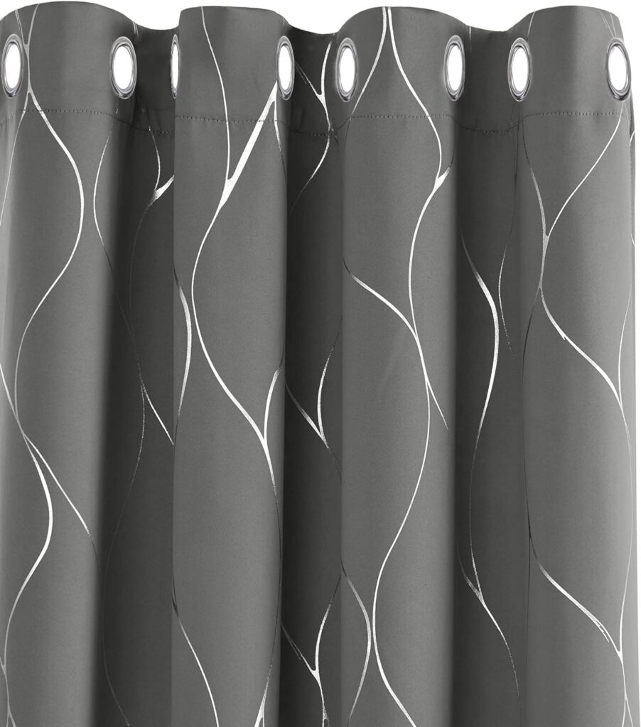 Deconovo Blackout Curtains, Thermal Insulated Curtains, Wave Line Foil Printed Ring Top Curtains for Girls Bedroom, 46 x 54 Inch(Width x Length), Light grey, 2 panels
