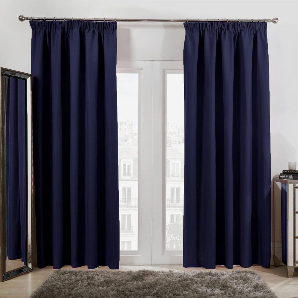 Dreamscene Pencil Pleat Blackout Curtains Set of 2 Thermal Tape Top Heading Panels, Navy Blue - Width 66 x Drop 90