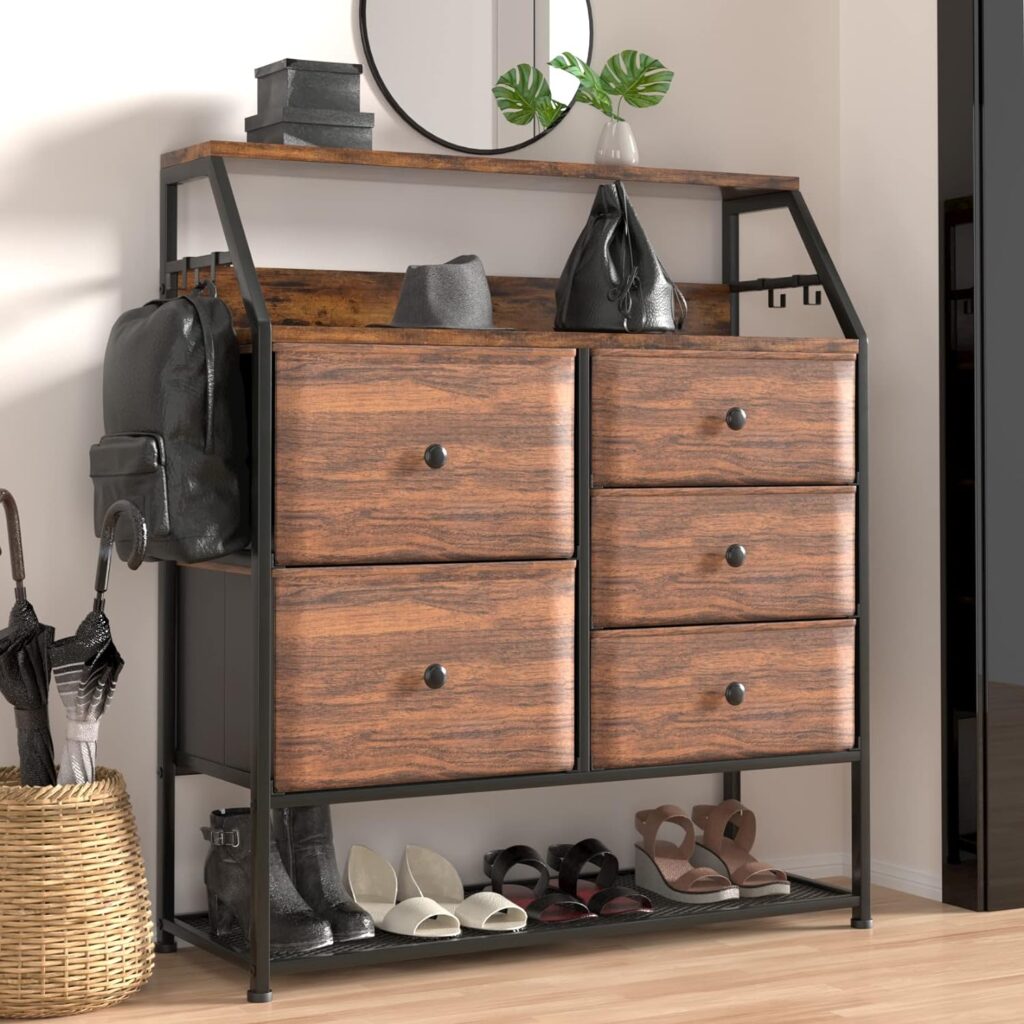Dripex Dresser for Bedroom with Fabric 5 Drawers Storage Organizer Unit with Wooden Tabletop Shelves, Metal Mesh Shoes Rack, Chest of Drawers for Bedroom, Living room, Entryway, Closet, Nursery.
