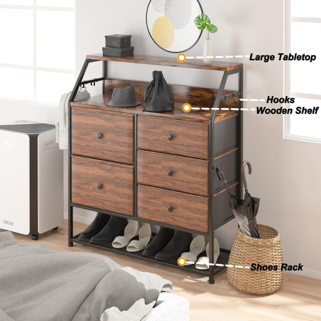 Dripex Dresser for Bedroom with Fabric 5 Drawers Storage Organizer Unit with Wooden Tabletop Shelves, Metal Mesh Shoes Rack, Chest of Drawers for Bedroom, Living room, Entryway, Closet, Nursery.