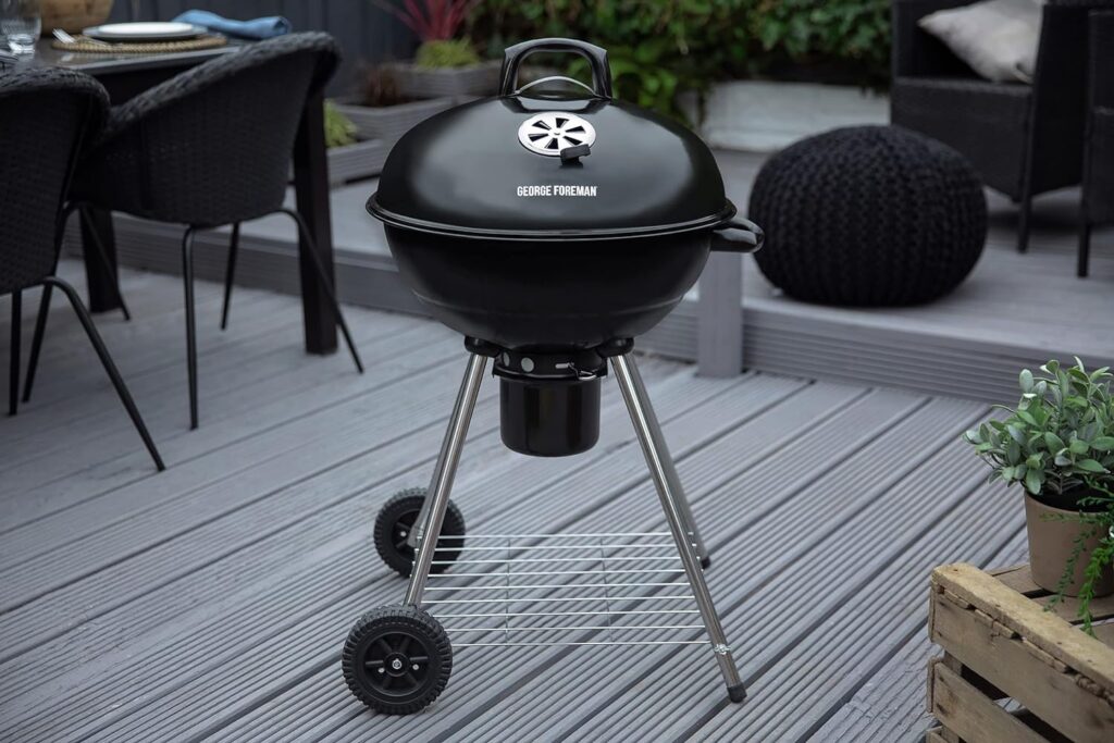 George Foreman Portable Charcoal BBQ Round Kettle 47 cm, Adjustable Vent, Integrated Thermometer, Charcoal Barbecue, Stand 2 Wheels with Chrome Grill, GFKTBBQ