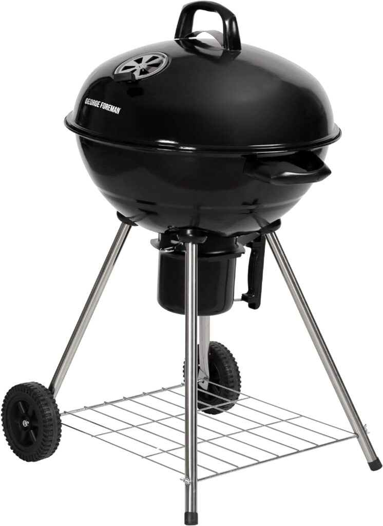 George Foreman Portable Charcoal BBQ Round Kettle 47 cm, Adjustable Vent, Integrated Thermometer, Charcoal Barbecue, Stand 2 Wheels with Chrome Grill, GFKTBBQ