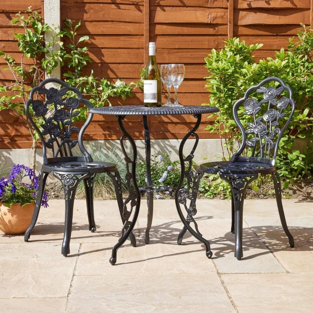 Home Source Rose Garden Patio Outdoor Bistro Set Table and 2 Chairs Metal Garden Furniture, White