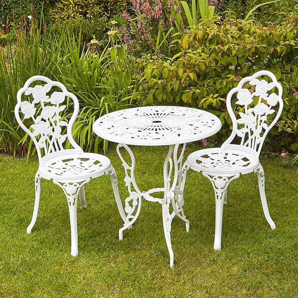 Home Source Rose Garden Patio Outdoor Bistro Set Table and 2 Chairs Metal Garden Furniture, White