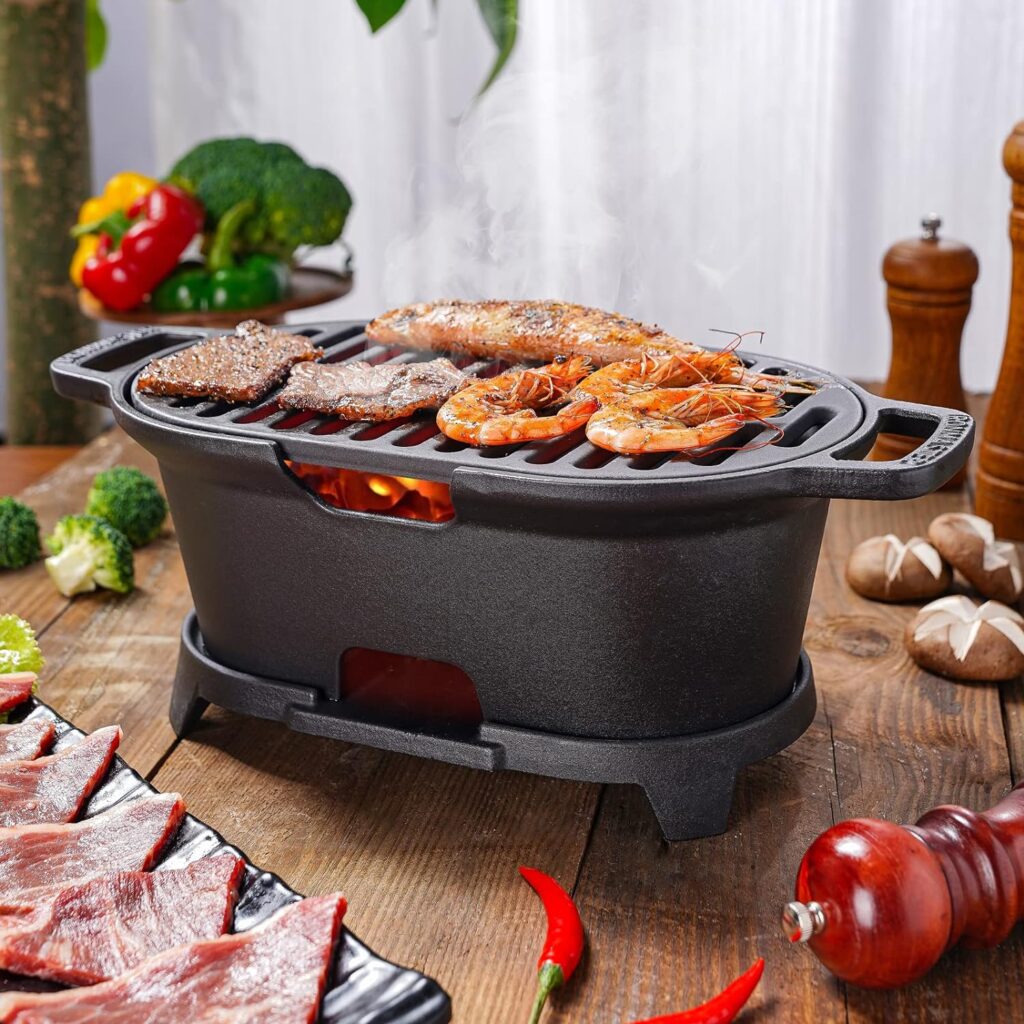 IronMaster M28 Hibachi Grill, Cast Iron Small Charcoal Grill, Portable Mini Grills for Tabletop, Camping, Outdoors, The Japanese Grill BBQ Cooking Surface 11 x 6.7 