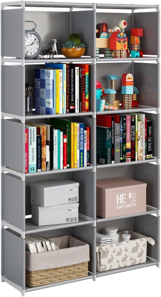 JIUYOTREE 6-Tiers Portable Bookshelf with Fabric Cloth at Back, 10 Cube Closet Storage Organiser Bookcase, Living Room,Study Room,Bedroom, Grey