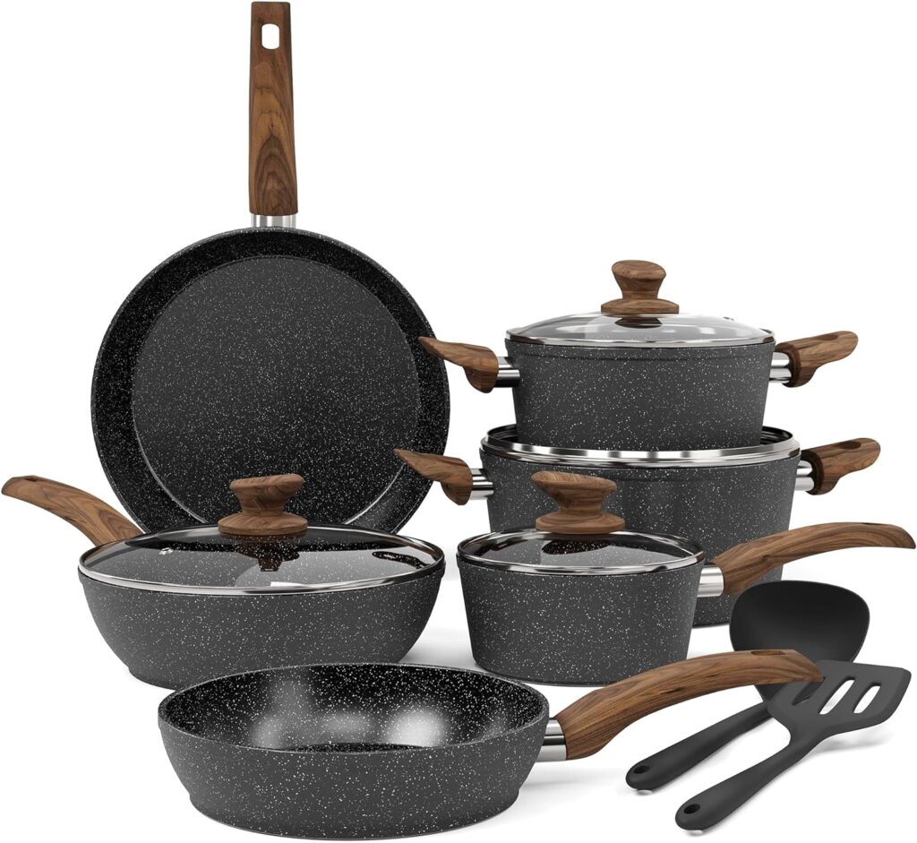 Kitchen Academy Induction Hob Pots and Pans Set - 12 Piece Cooking Pans Set, Black Granite Kitchen Cookware Set,Nonstick Saucepan Set PFOS PFOA Free