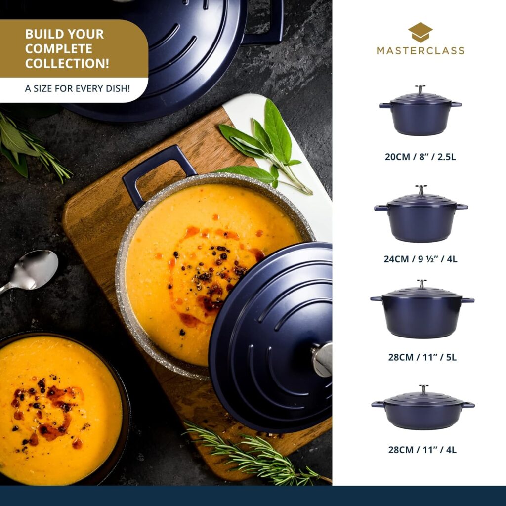 MasterClass Shallow Casserole Dish with Lid 4 Litre/28 cm, Lightweight Cast Aluminium, Induction Hob and Oven Safe, Blue