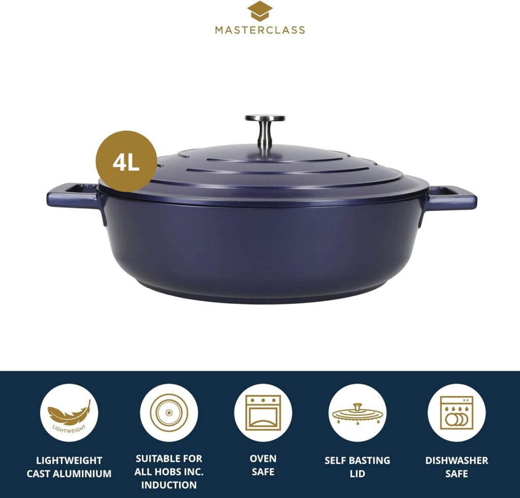 MasterClass Shallow Casserole Dish with Lid 4 Litre/28 cm, Lightweight Cast Aluminium, Induction Hob and Oven Safe, Blue