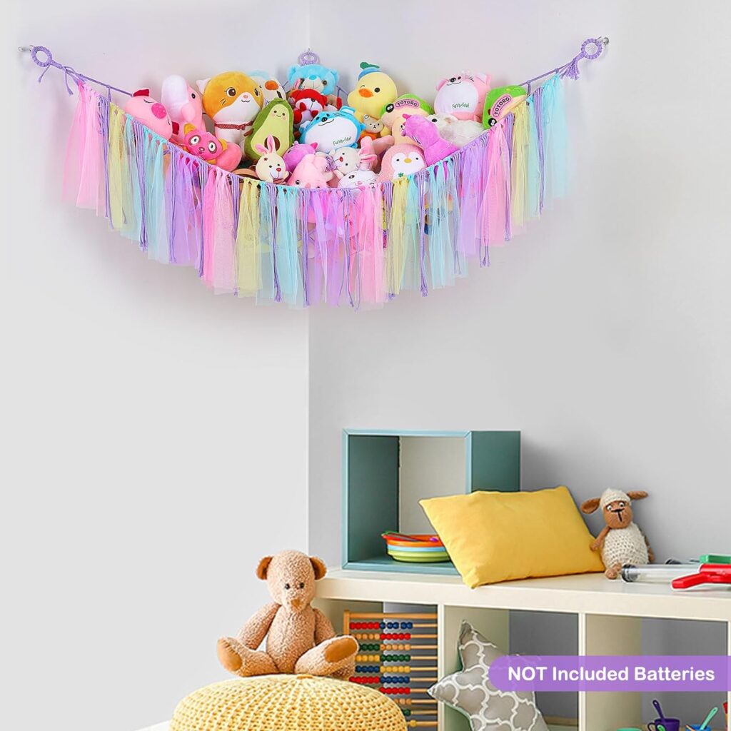 MHJY Toy Hammock Stuffed Animals Storage Net Soft Cuddly Toys Large Corner Hanging Net With LED Light Hand Woven Plush Macrame Organizer with Tassel for Kids Bedroom Nursery