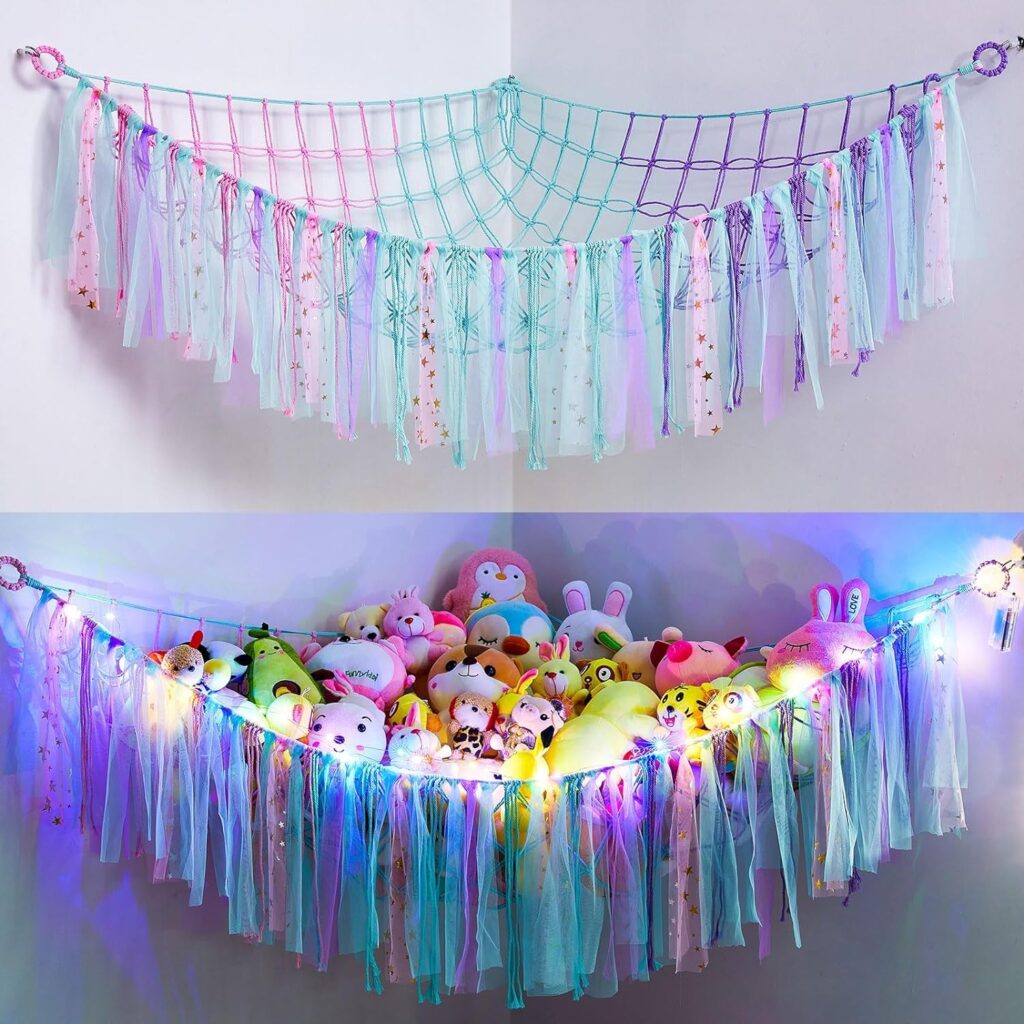 MHJY Toy Hammock Stuffed Animals Storage Net Soft Cuddly Toys Large Corner Hanging Net With LED Light Hand Woven Plush Macrame Organizer with Tassel for Kids Bedroom Nursery