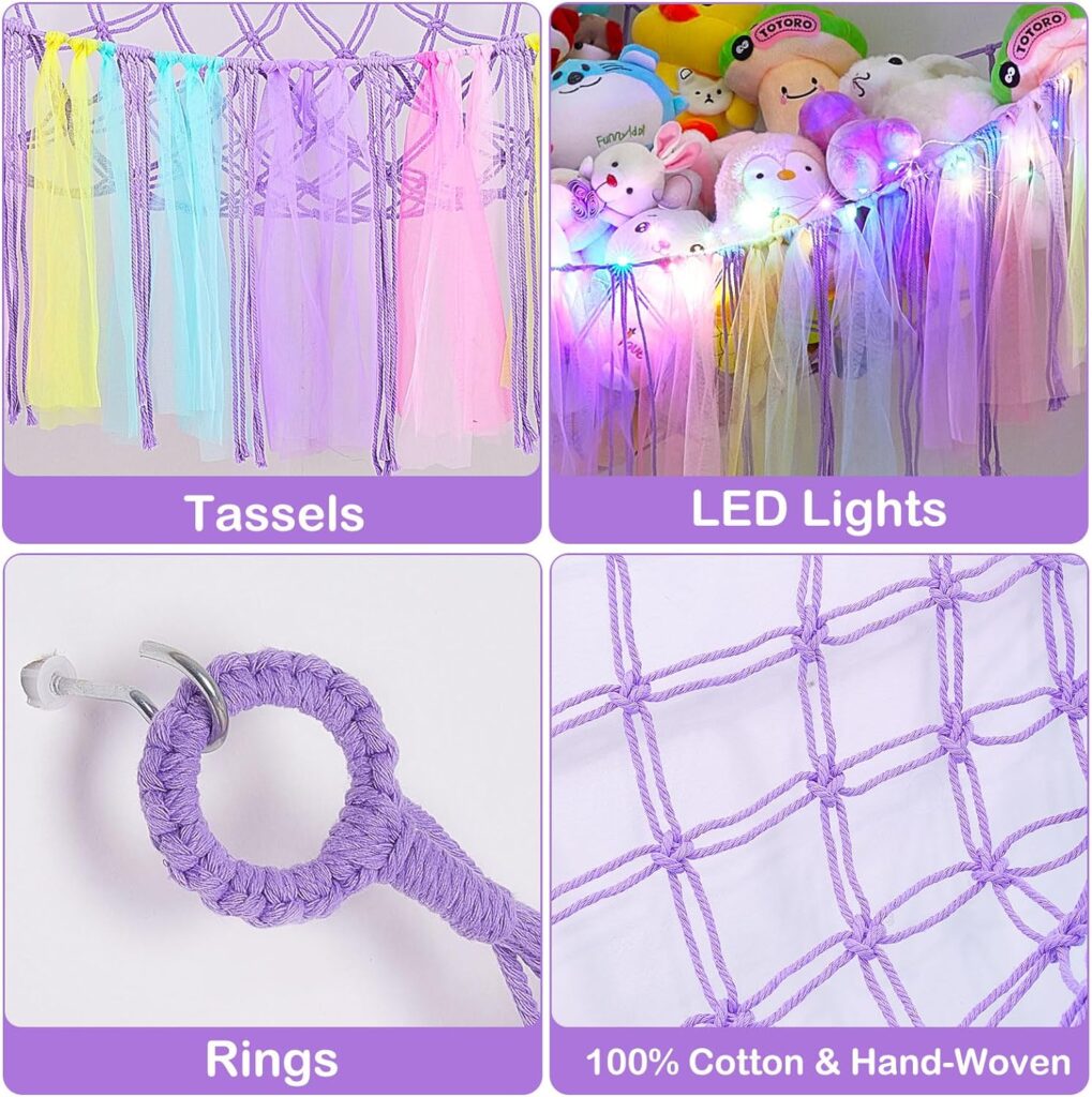 MHJY Toy Hammock Stuffed Animals Storage Net Soft Cuddly Toys Large Corner Hanging Net With LED Light Hand Woven Plush Macrame Organizer with Tassel for Kids Bedroom Nursery