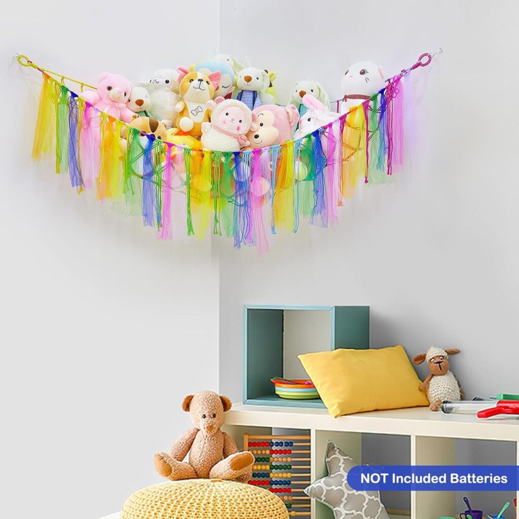 MHJY Toy Hammock Stuffed Animals Storage Net Soft Cuddly Toys Large Corner Hanging Net With LED Light Hand Woven Plush Macrame Organizer with Tassel for Kids Bedroom Nursery