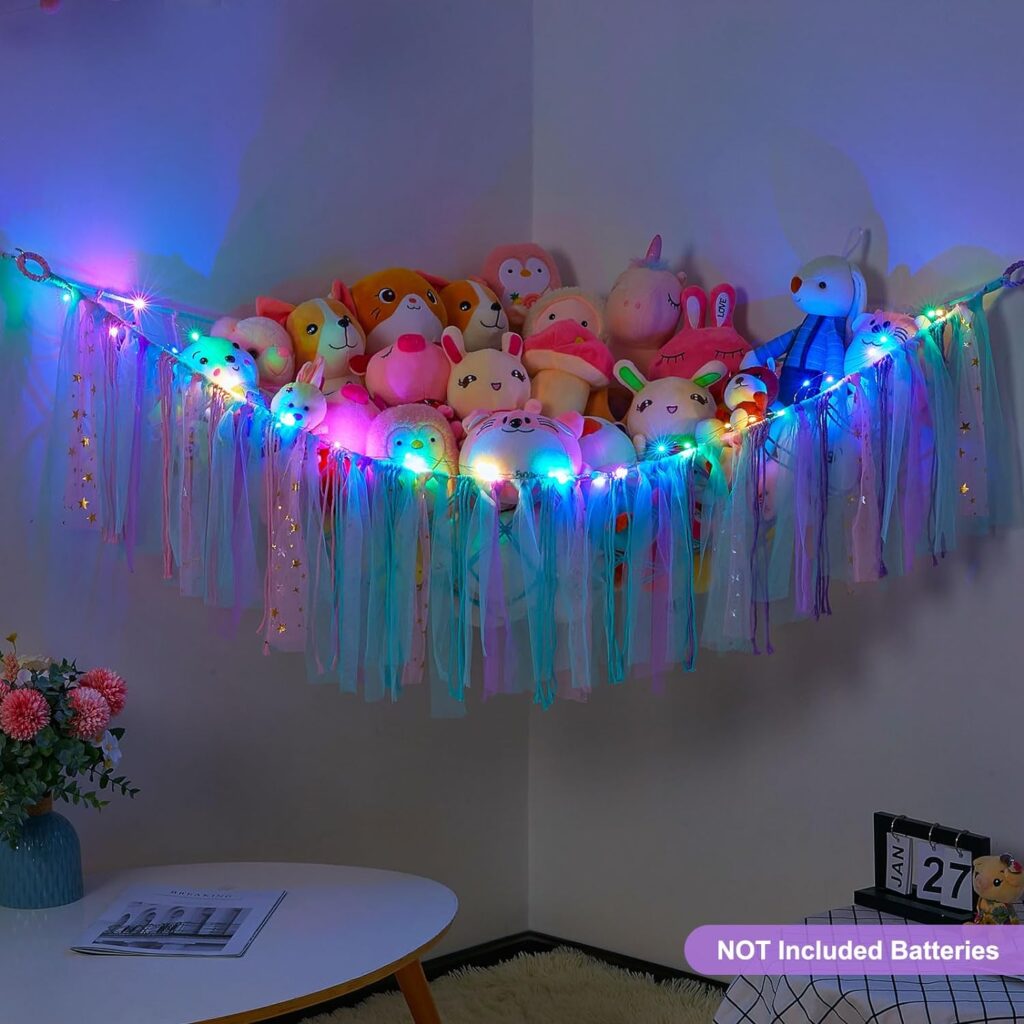 MHJY Toy Hammock Stuffed Animals Storage Net Soft Cuddly Toys Large Corner Hanging Net With LED Light Hand Woven Plush Macrame Organizer with Tassel for Kids Bedroom Nursery