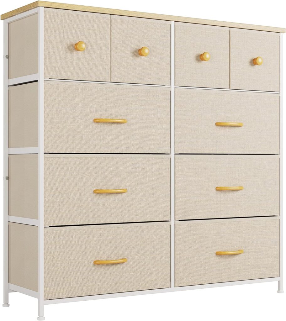 Nicehill Dresser for Bedroom with 10 Drawers, Storage Drawer Organizer, Wide Chest of Drawers for Closet, Clothes, Kids, Baby, TV Stand with Storage Drawers, Wood Board, Fabric Drawers(Beige)