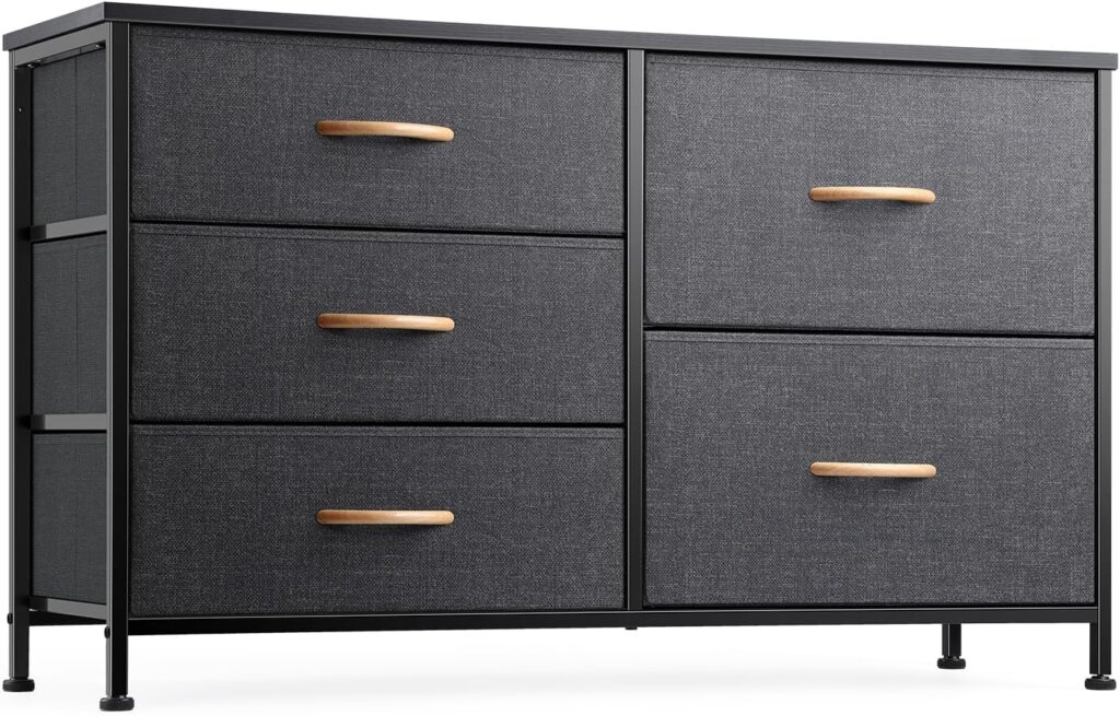 Nicehill Dresser for Bedroom with 5 Drawers, Storage Organizer, Wide Chest of Drawers for Closet, Clothes, Kids, Baby, TV Stand, Wood Board, Fabric Drawers(Black Grey)