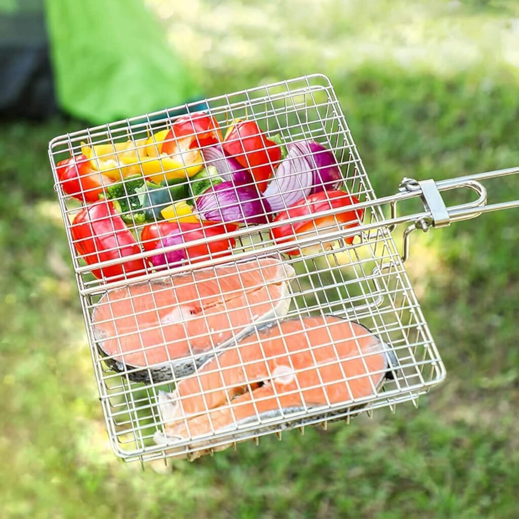 OKYUK Upgrade BBQ Grill Basket, Fish Grill Basket, Stainless Steel Folding Grilling baskets With Handle, Portable Outdoor Camping BBQ Rack for Barbecue Vegetables, Barbeque Griller Tools