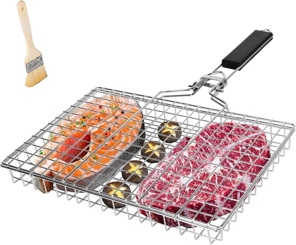 OKYUK Upgrade BBQ Grill Basket, Fish Grill Basket, Stainless Steel Folding Grilling baskets With Handle, Portable Outdoor Camping BBQ Rack for Barbecue Vegetables, Barbeque Griller Tools
