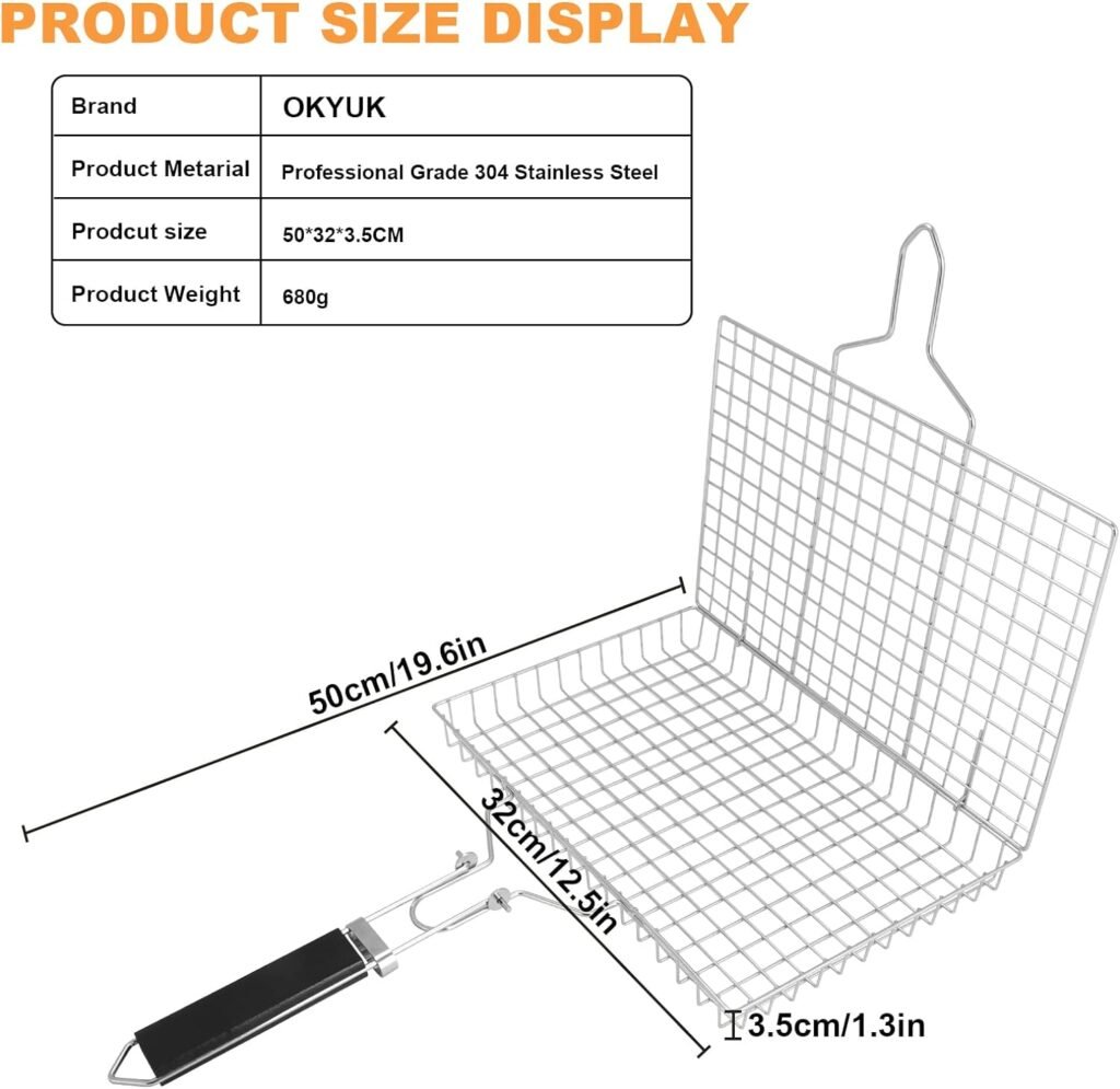 OKYUK Upgrade BBQ Grill Basket, Fish Grill Basket, Stainless Steel Folding Grilling baskets With Handle, Portable Outdoor Camping BBQ Rack for Barbecue Vegetables, Barbeque Griller Tools