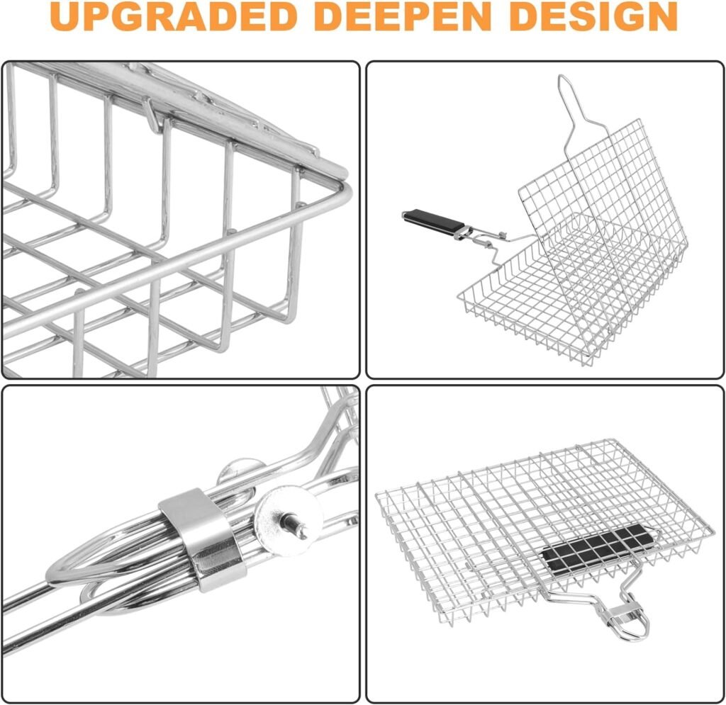 OKYUK Upgrade BBQ Grill Basket, Fish Grill Basket, Stainless Steel Folding Grilling baskets With Handle, Portable Outdoor Camping BBQ Rack for Barbecue Vegetables, Barbeque Griller Tools