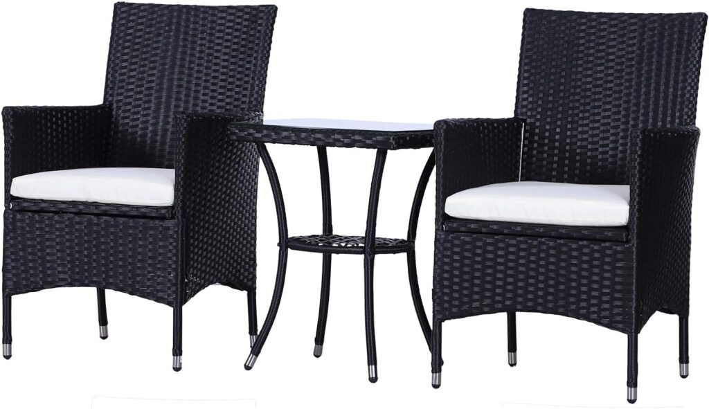 Outsunny Garden Outdoor Rattan Furniture Bistro Set 3 PCs Patio Weave Companion Chair Table Set Conservatory (Black)