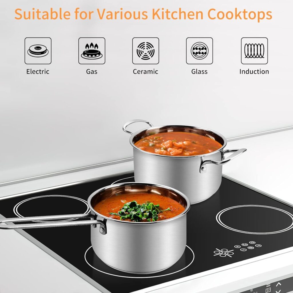 Saucepan Set 6 Pieces, Stainless Steel Pot and Pan Set, Saucepan with Glass Lids Cookware, Cookware Set Compatible with Induction, Gas and Electric Hobs