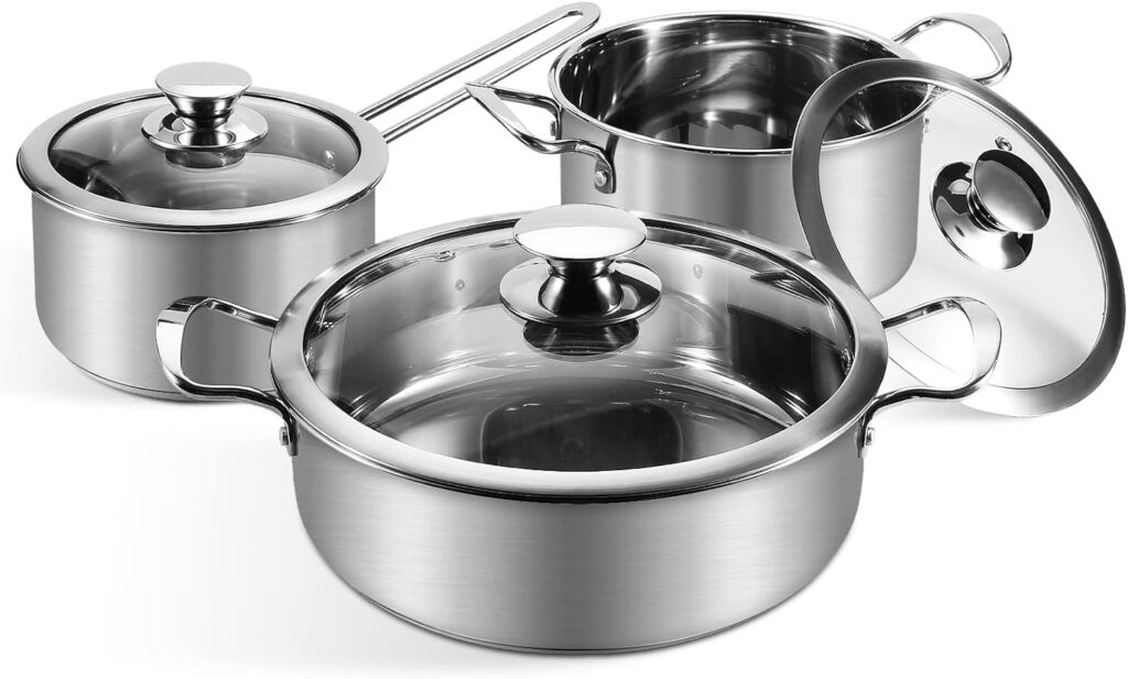 Saucepan Set 6 Pieces, Stainless Steel Pot and Pan Set, Saucepan with Glass Lids Cookware, Cookware Set Compatible with Induction, Gas and Electric Hobs