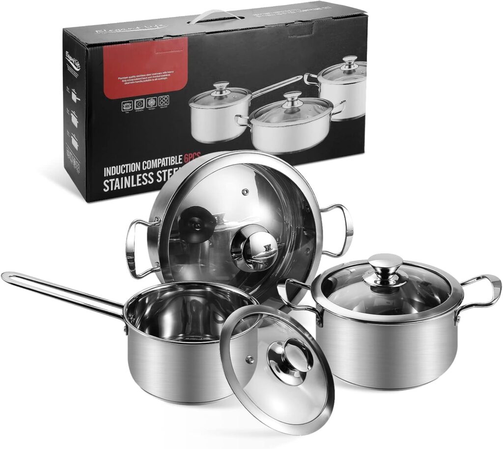 Saucepan Set 6 Pieces, Stainless Steel Pot and Pan Set, Saucepan with Glass Lids Cookware, Cookware Set Compatible with Induction, Gas and Electric Hobs