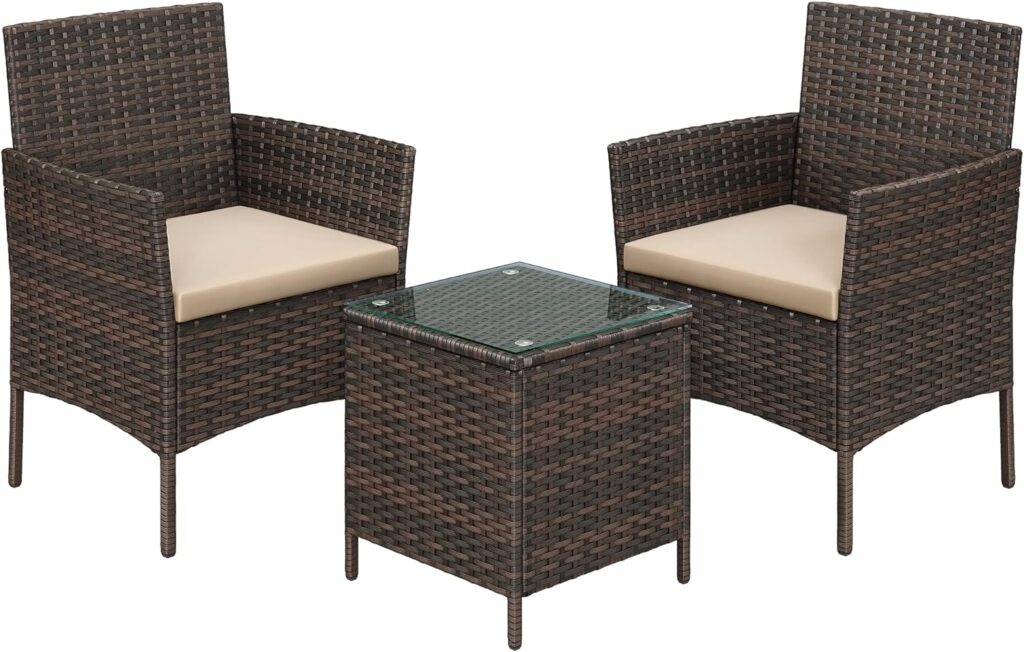 SONGMICS Garden Furniture Sets, Polyrattan Outdoor Patio Furniture, Conservatory PE Wicker Furniture, for Patio Balcony Backyard, Black and Taupe GGF031B01