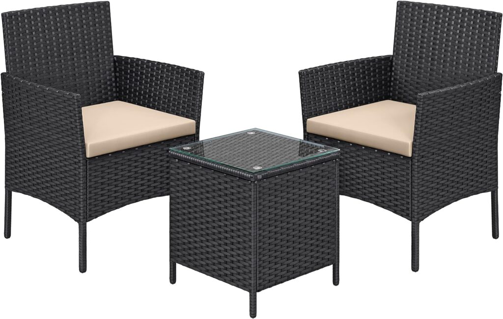 SONGMICS Garden Furniture Sets, Polyrattan Outdoor Patio Furniture, Conservatory PE Wicker Furniture, for Patio Balcony Backyard, Black and Taupe GGF031B01