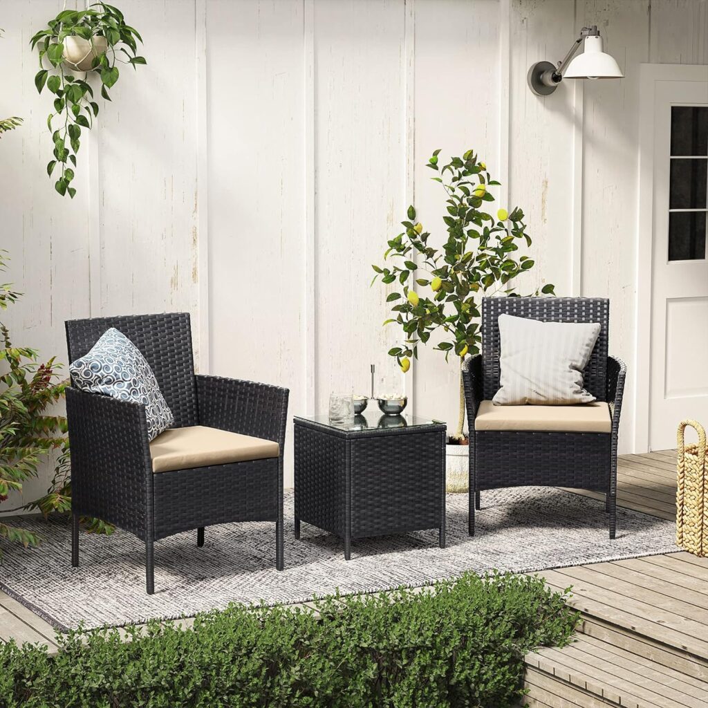 SONGMICS Garden Furniture Sets, Polyrattan Outdoor Patio Furniture, Conservatory PE Wicker Furniture, for Patio Balcony Backyard, Black and Taupe GGF031B01