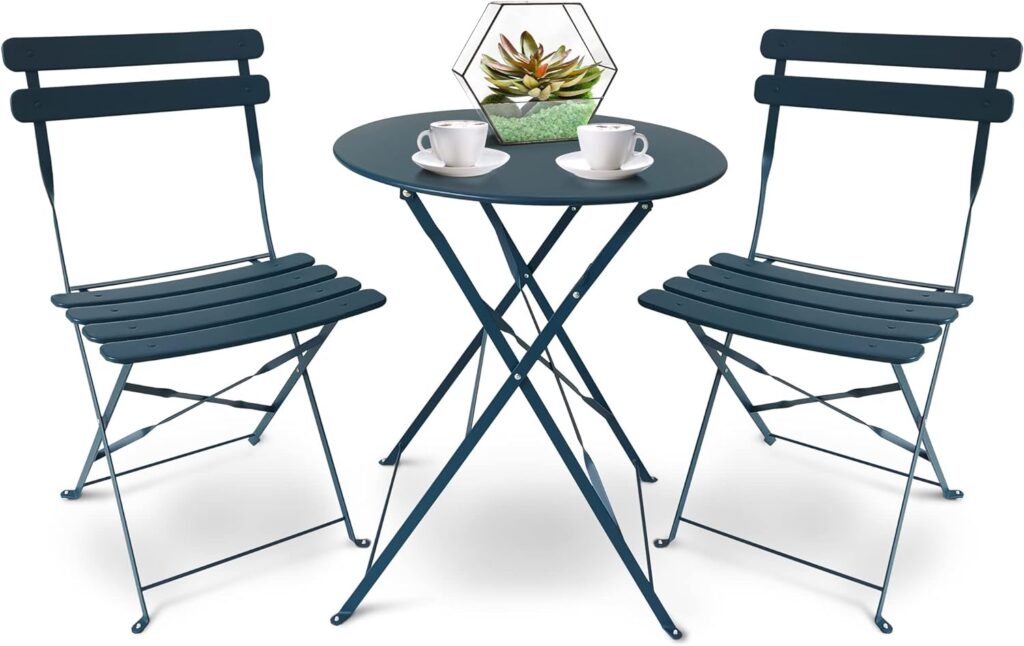 SUNMER Patio Bistro Set 3 Piece with Foldable Table and Chairs - Powder Coated Steel Frame, Easy to Transport, Each Chair can Support 120kg - Ideal for Gardens, Patios, Balconies - Blue