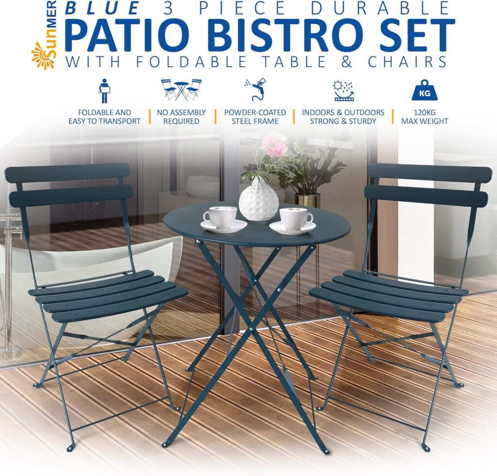 SUNMER Patio Bistro Set 3 Piece with Foldable Table and Chairs - Powder Coated Steel Frame, Easy to Transport, Each Chair can Support 120kg - Ideal for Gardens, Patios, Balconies - Blue