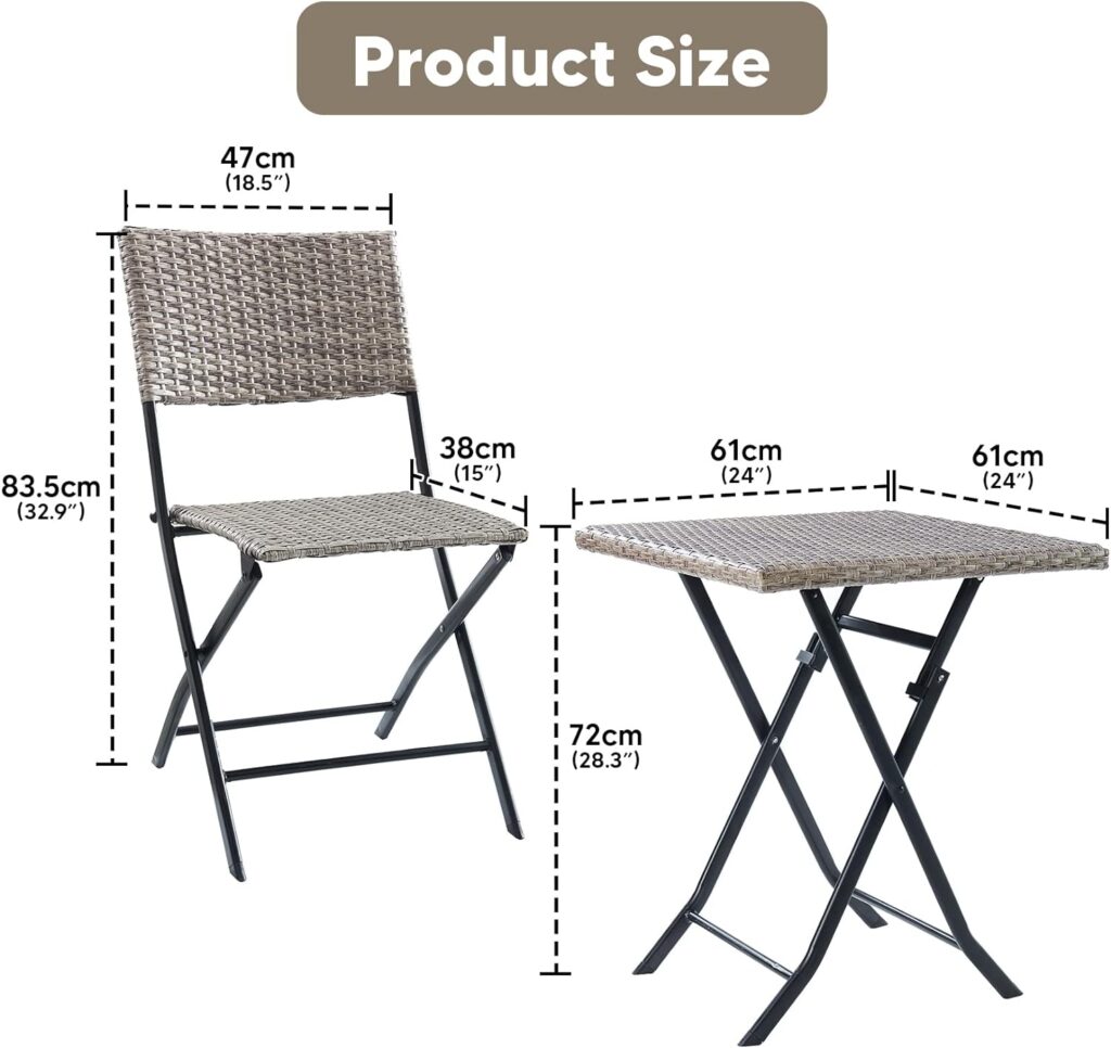 TMEE Rattan Garden Furniture Outdoor Bistro Set 3 Folding Chairs and Table Set Indoor Patio Furniture Sets for Balcony, Yard, Garden, Gray