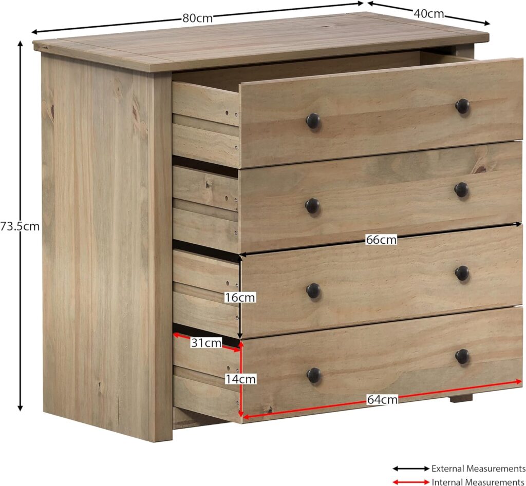 Vida Designs Panama 4 Drawer Chest Solid Pine Wood, Bedroom furniture, Waxed Oak Finish